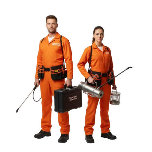 thompsons_pest_control_experts_in_mandaue_cebu- Two professional pest control technicians in bright orange coveralls pose with specialized equipment, including a spray wand, fogging machine, and cage trap, against a white background.